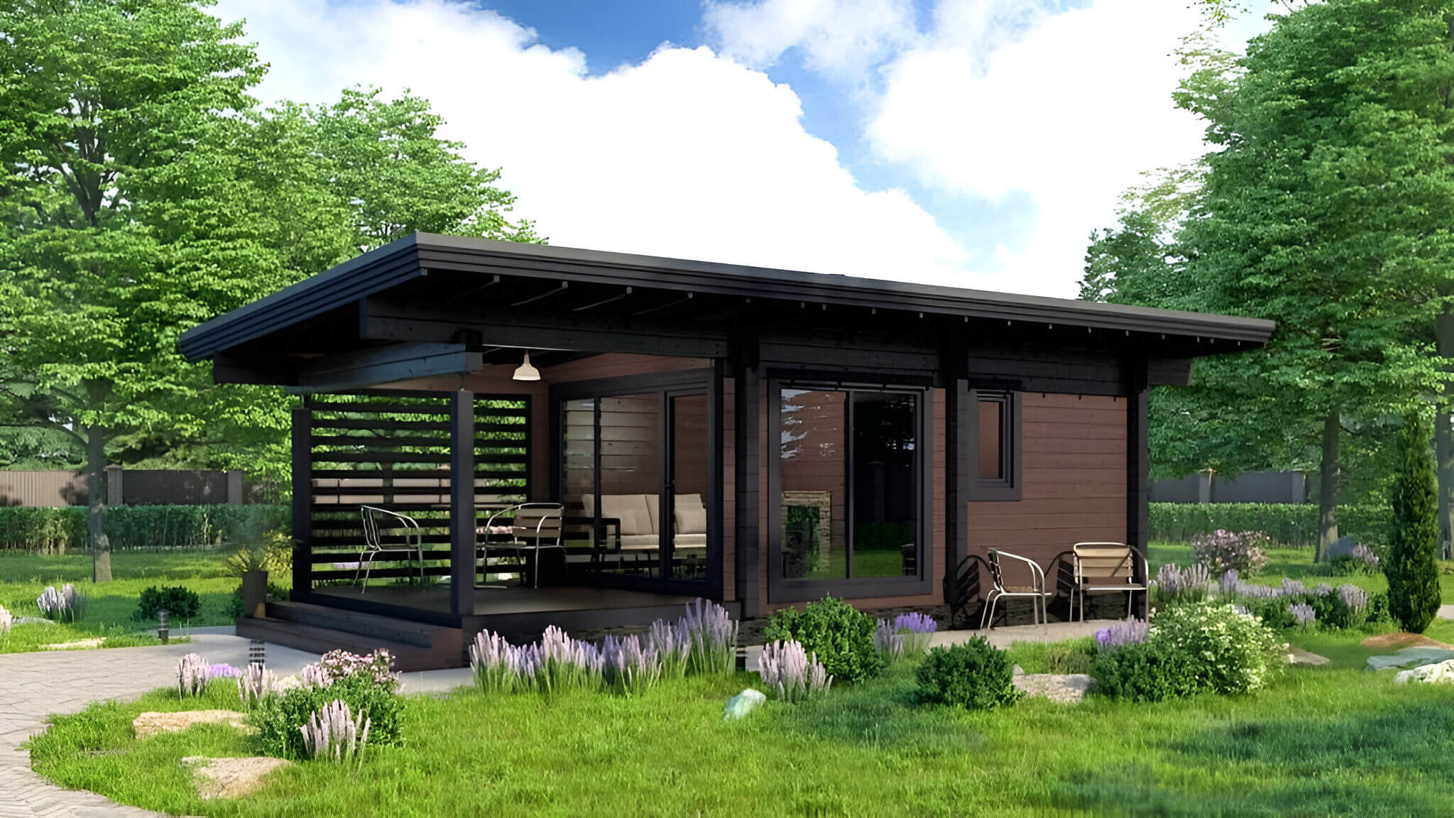 Маленькая финская баня из клееного бруса с закрытой террасой